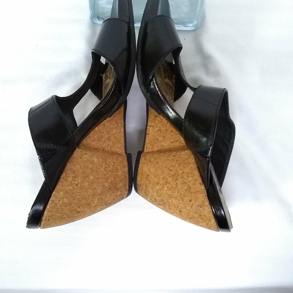 Indigo Womens Sandals 3" Wedge Cork Heels Black Leather Band  Slide On Size 7M - Picture 5 of 8